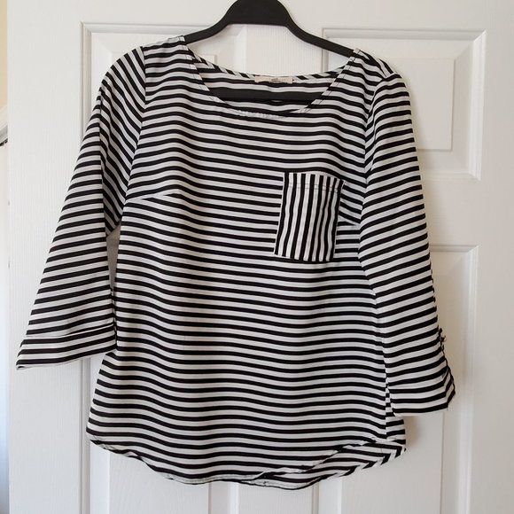 41 Hawthorn Tops - 41 Hawthorn Black and White Striped Tabbed sleeve Blouse Size S